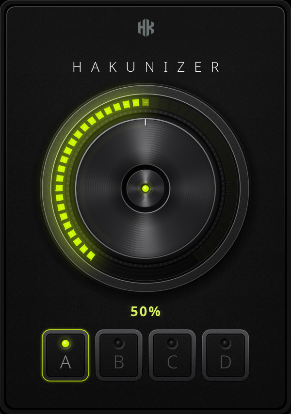 The HAKUNIZER interface: the HK mark centred above the product name, one large knob in brushed black metal with a segmented value ring showing 50 per cent and a lit green centre, and the four program pads A to D with A selected.