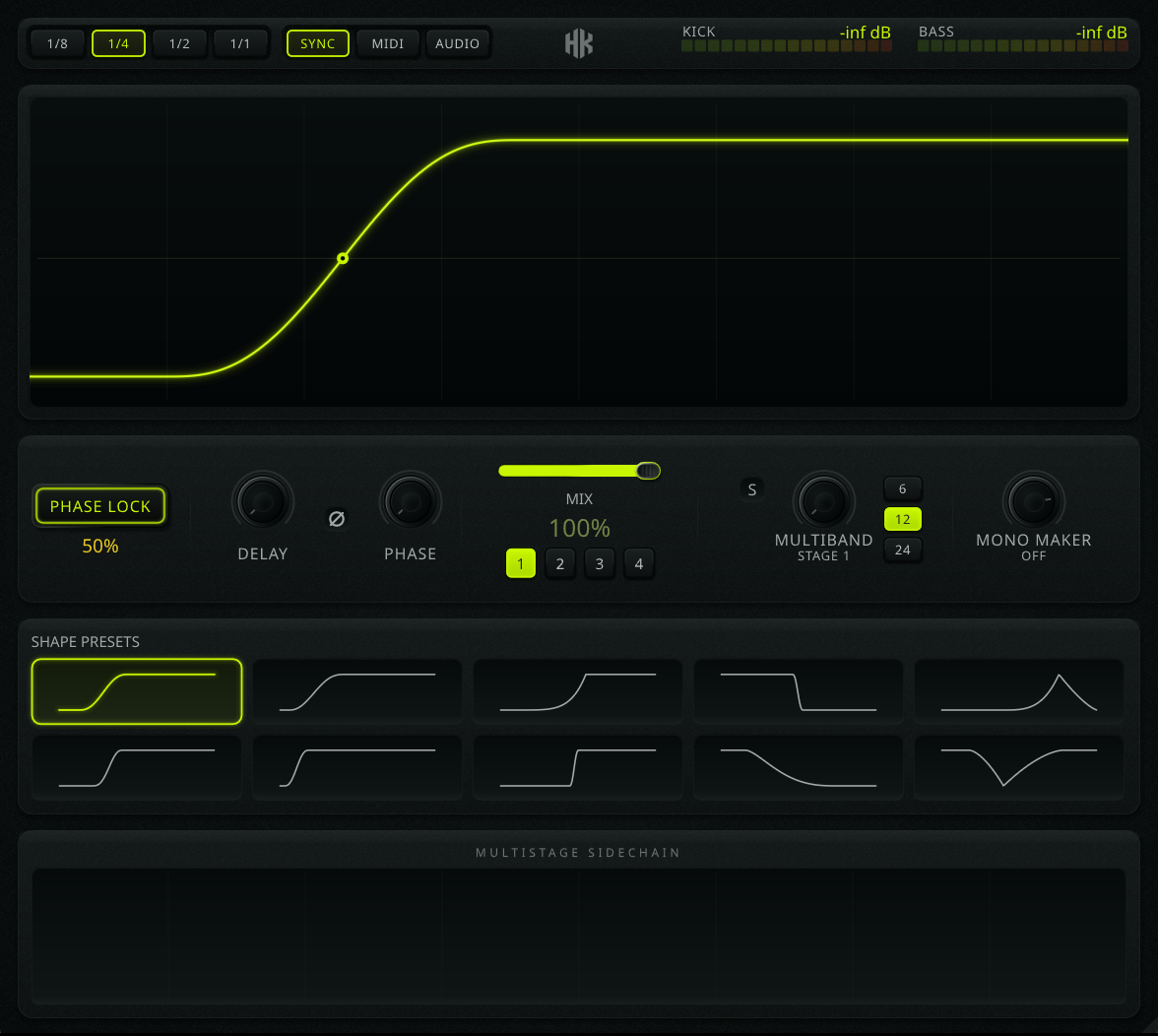 The Multistage Sidechain interface: four stage tabs, the envelope editor with kick and bass scopes, multiband and mono maker cards, and the phase alignment row.